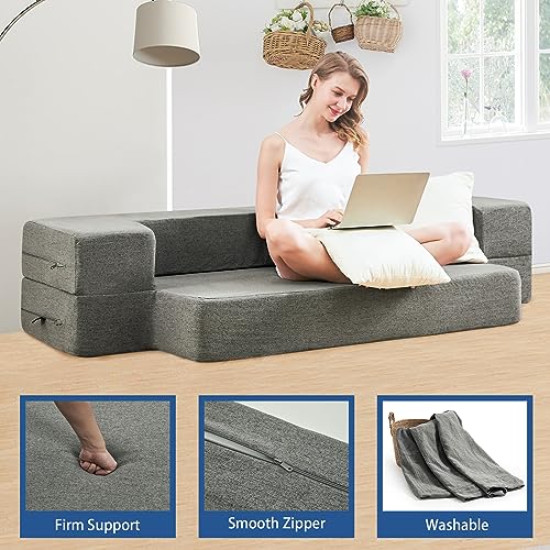 ILPEOD Floor Sofa Bed Futon Couch, Fold Out Couch Bed, Queen Size 8 Inch Memory Foam Folding Sofa Bed Couch, Sleeper Convertible Mattress and Frame for Bedrooms Living Room Gaming Bed, Grey