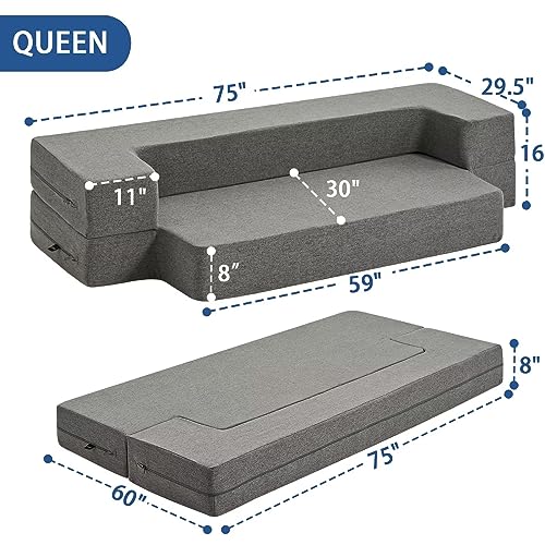 ILPEOD Floor Sofa Bed Futon Couch, Fold Out Couch Bed, Queen Size 8 Inch Memory Foam Folding Sofa Bed Couch, Sleeper Convertible Mattress and Frame for Bedrooms Living Room Gaming Bed, Grey