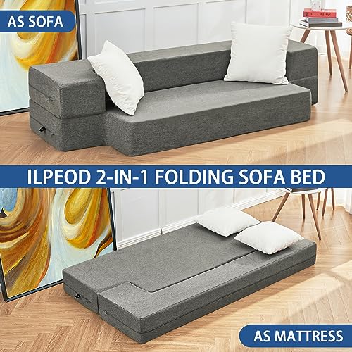 ILPEOD Floor Sofa Bed Futon Couch, Fold Out Couch Bed, Queen Size 8 Inch Memory Foam Folding Sofa Bed Couch, Sleeper Convertible Mattress and Frame for Bedrooms Living Room Gaming Bed, Grey