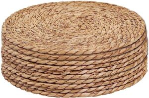 defined deco woven placemats set of 10,13" round rattan placemats,natural hand-woven water hyacinth placemats,farmhouse weave place mats,rustic braided wicker table mats for dining table,home,wedding.