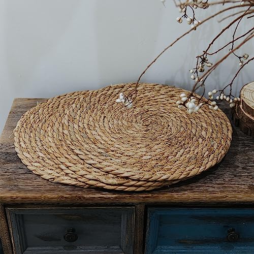 Defined Deco Woven Placemats Set of 10,13" Round Rattan Placemats,Natural Hand-Woven Water Hyacinth Placemats,Farmhouse Weave Place Mats,Rustic Braided Wicker Table Mats for Dining Table,Home,Wedding.