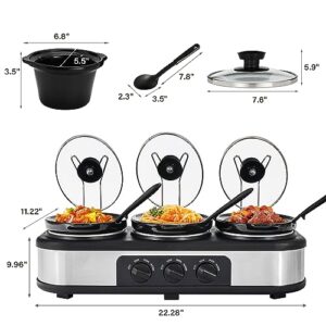 Triple Slow Cooker, Buffet Server Food Warmer, 3 * 1.5QT Slow Cooker with Ceramic Pot, 3 Modes Adjustable Temp, Dishwasher Safe, Removeable Glass Lid and 3 PVC Spoons,Stainless Steel