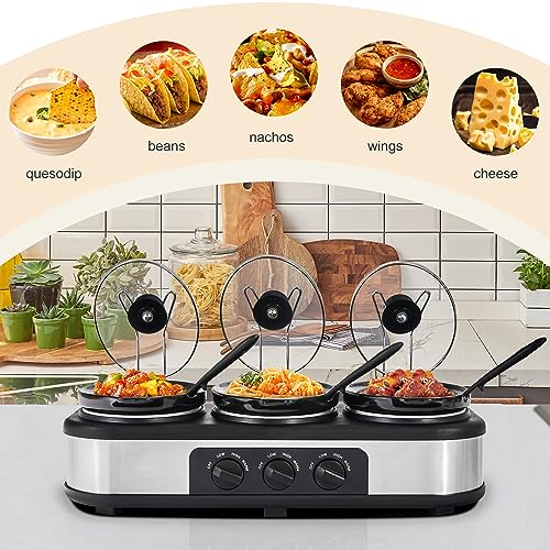 Triple Slow Cooker, Buffet Server Food Warmer, 3 * 1.5QT Slow Cooker with Ceramic Pot, 3 Modes Adjustable Temp, Dishwasher Safe, Removeable Glass Lid and 3 PVC Spoons,Stainless Steel