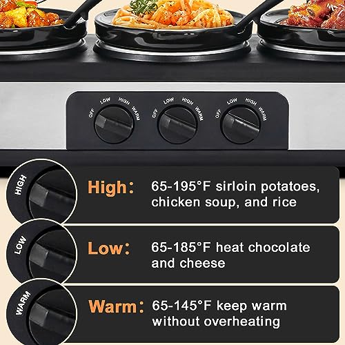 Triple Slow Cooker, Buffet Server Food Warmer, 3 * 1.5QT Slow Cooker with Ceramic Pot, 3 Modes Adjustable Temp, Dishwasher Safe, Removeable Glass Lid and 3 PVC Spoons,Stainless Steel