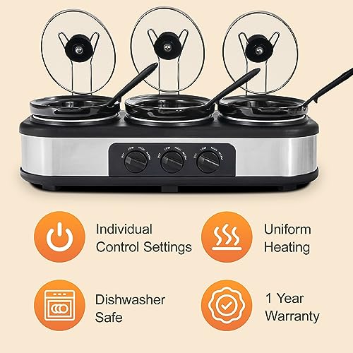 Triple Slow Cooker, Buffet Server Food Warmer, 3 * 1.5QT Slow Cooker with Ceramic Pot, 3 Modes Adjustable Temp, Dishwasher Safe, Removeable Glass Lid and 3 PVC Spoons,Stainless Steel