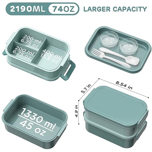 DaCool Lunch Box Adults Bento Box - 74 OZ All-in-One Stackable Lunch Box Containers for Adult Large Bento Box with Fork Spoon Sauce Boxes, Leakproof Lunchbox for Work School Dining Out, Morandi-Green