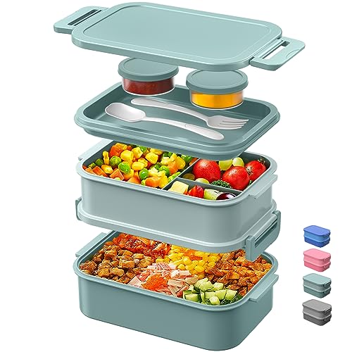 DaCool Lunch Box Adults Bento Box - 74 OZ All-in-One Stackable Lunch Box Containers for Adult Large Bento Box with Fork Spoon Sauce Boxes, Leakproof Lunchbox for Work School Dining Out, Morandi-Green