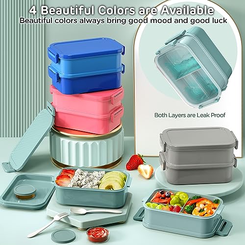 DaCool Lunch Box Adults Bento Box - 74 OZ All-in-One Stackable Lunch Box Containers for Adult Large Bento Box with Fork Spoon Sauce Boxes, Leakproof Lunchbox for Work School Dining Out, Morandi-Green