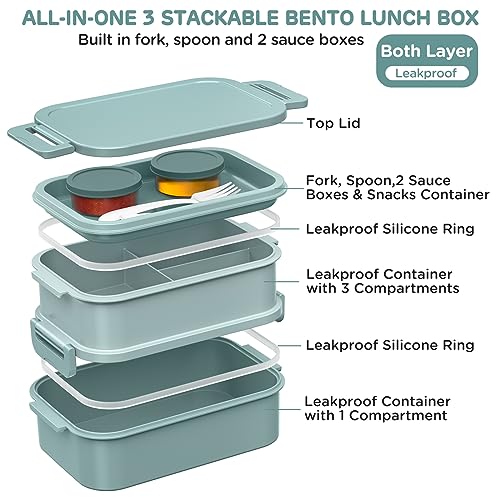 DaCool Lunch Box Adults Bento Box - 74 OZ All-in-One Stackable Lunch Box Containers for Adult Large Bento Box with Fork Spoon Sauce Boxes, Leakproof Lunchbox for Work School Dining Out, Morandi-Green