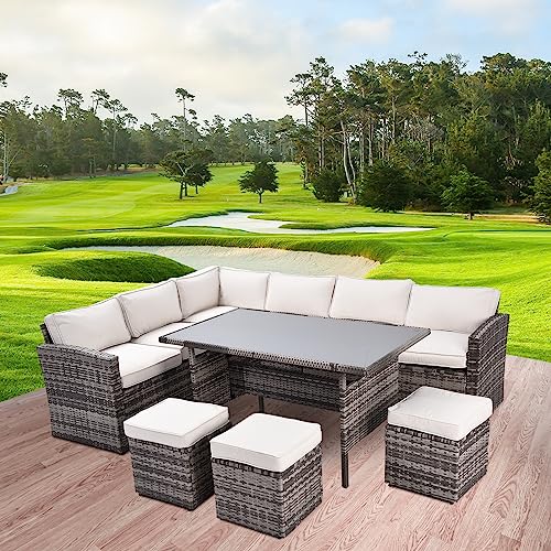 Koruiten Outdoor Patio Furniture Sets, 7 Pieces Outdoor Sectional Couch Sofa with Dining Table and Chair, All Weather PE Wicker Rattan with Ottoman for Pool, Garden, Backyard, Beige