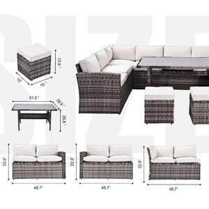 Koruiten Outdoor Patio Furniture Sets, 7 Pieces Outdoor Sectional Couch Sofa with Dining Table and Chair, All Weather PE Wicker Rattan with Ottoman for Pool, Garden, Backyard, Beige