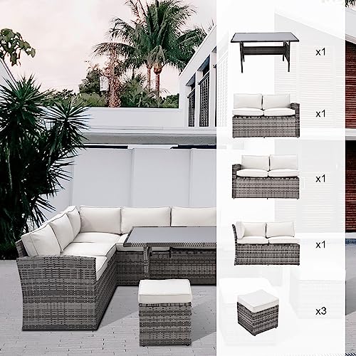 Koruiten Outdoor Patio Furniture Sets, 7 Pieces Outdoor Sectional Couch Sofa with Dining Table and Chair, All Weather PE Wicker Rattan with Ottoman for Pool, Garden, Backyard, Beige