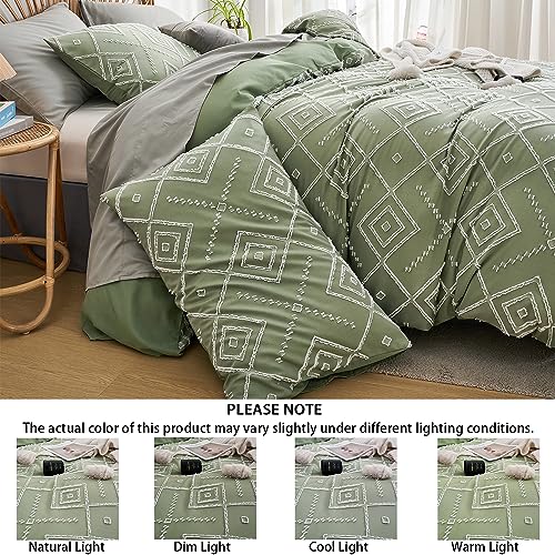 Senville Tufted Duvet Cover Queen Size,Jacquard Geometric Pattern,Soft Lightweight Green Duvet Covers Set for All Seasons,3 Pieces Boho Shabby Chic Bedding Set with Zipper Closure(Green,Queen)