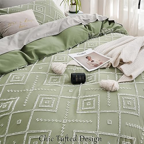 Senville Tufted Duvet Cover Queen Size,Jacquard Geometric Pattern,Soft Lightweight Green Duvet Covers Set for All Seasons,3 Pieces Boho Shabby Chic Bedding Set with Zipper Closure(Green,Queen)