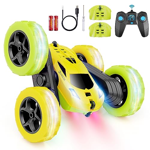 QUNREDA Remote Control Car, RC Car Toys for 6-12 Year Old Boys, Off Road RC Stunt Car 4WD 360° Rotating Remote Control Car for Kids, Boys Girls Gifts for Birthday, Christmas (Yellow&Green)