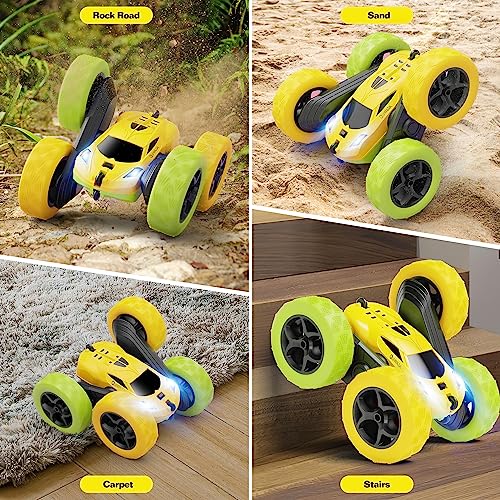 QUNREDA Remote Control Car, RC Car Toys for 6-12 Year Old Boys, Off Road RC Stunt Car 4WD 360° Rotating Remote Control Car for Kids, Boys Girls Gifts for Birthday, Christmas (Yellow&Green)