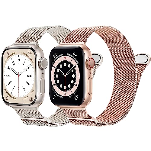 OUHENG 2 Pack Metal Magnetic Bands Compatible with Apple Watch Band 41mm 40mm 38mm Women Men, Stainless Steel Mesh Loop Replacement Strap for iWatch SE Series 8 7 6 5 4 3 2 1, Starlight/Rose Gold