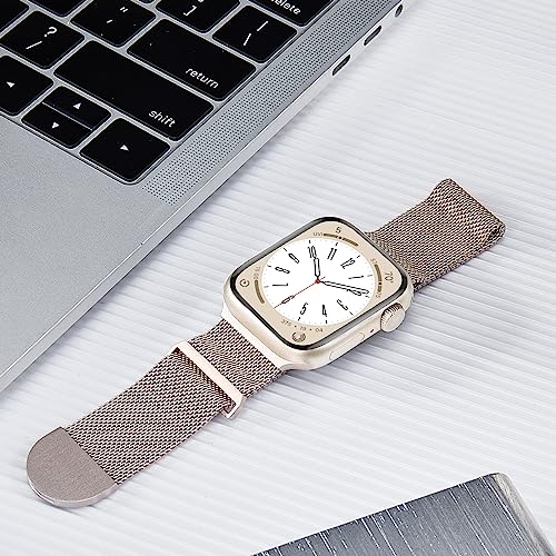 OUHENG 2 Pack Metal Magnetic Bands Compatible with Apple Watch Band 41mm 40mm 38mm Women Men, Stainless Steel Mesh Loop Replacement Strap for iWatch SE Series 8 7 6 5 4 3 2 1, Starlight/Rose Gold