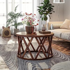 COZAYH Farmhouse Coffee Table, Rustic Round Coffee Table with X-Motifs Legs, Wood Textured Top, for Boho, French Country Decor, Brown