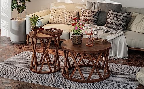 COZAYH Farmhouse Coffee Table, Rustic Round Coffee Table with X-Motifs Legs, Wood Textured Top, for Boho, French Country Decor, Brown