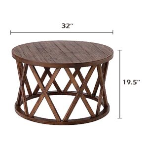 COZAYH Farmhouse Coffee Table, Rustic Round Coffee Table with X-Motifs Legs, Wood Textured Top, for Boho, French Country Decor, Brown