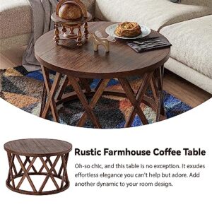 COZAYH Farmhouse Coffee Table, Rustic Round Coffee Table with X-Motifs Legs, Wood Textured Top, for Boho, French Country Decor, Brown