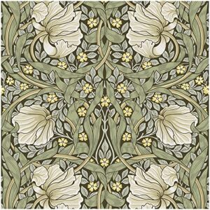 haokhome 94028-1 vintage floral wallpaper peel and stick botanical sage green/yellow wall murals home kitchen bedroom decor by william morris 17.7in x 6.6ft