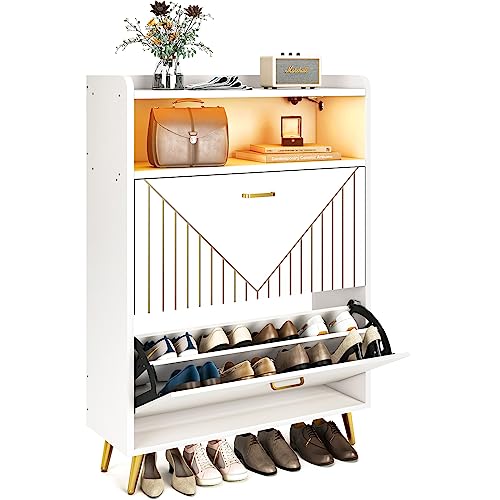 Aheaplus Shoe Cabinet with Flip Doors, Shoes Storage Organizer with Motion Sensor Led Light, Entryway Wood Freestanding Tipping Bucket Shoe Rack with Open Shelves for Closet, Living Room, White