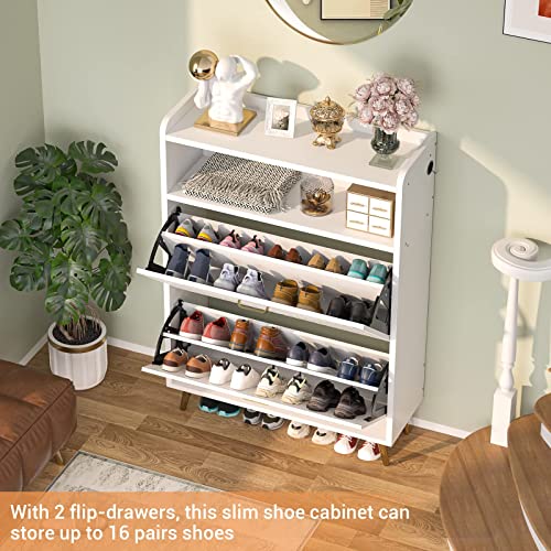 Aheaplus Shoe Cabinet with Flip Doors, Shoes Storage Organizer with Motion Sensor Led Light, Entryway Wood Freestanding Tipping Bucket Shoe Rack with Open Shelves for Closet, Living Room, White