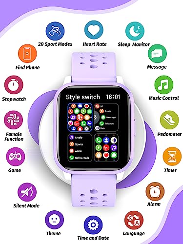 Butele Kids Smart Watch Girls Boys, Smart Watch for Kids Game Smart Watch Gifts for 4-16 Years Old with Sleep Mode 20 Sports Modes 5 Games Pedometer Birthday Gift for Boys Girls (Purple)