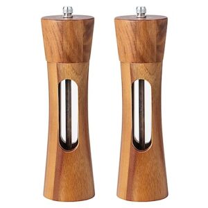 ousyaah salt and pepper grinder set (2 pack), manual wooden salt and pepper shakers with adjustable ceramic core and visible acrylic window, refillable salt & pepper mill set | adjustable coarseness
