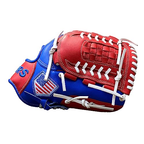 Hit Run Steal Pitcher's Baseball Glove - Right Hand Throw Full Grain Leather Basket Web Glove - Red Blue with White Laces - Perfect for Baseball Players (12 Inch)