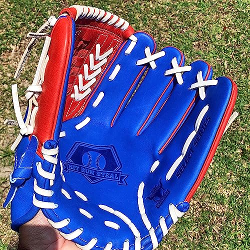 Hit Run Steal Pitcher's Baseball Glove - Right Hand Throw Full Grain Leather Basket Web Glove - Red Blue with White Laces - Perfect for Baseball Players (12 Inch)