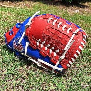 Hit Run Steal Pitcher's Baseball Glove - Right Hand Throw Full Grain Leather Basket Web Glove - Red Blue with White Laces - Perfect for Baseball Players (12 Inch)