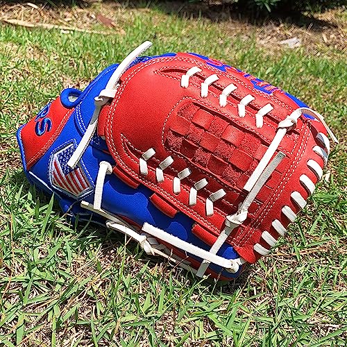 Hit Run Steal Pitcher's Baseball Glove - Right Hand Throw Full Grain Leather Basket Web Glove - Red Blue with White Laces - Perfect for Baseball Players (12 Inch)