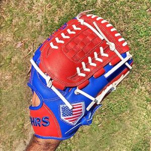 Hit Run Steal Pitcher's Baseball Glove - Right Hand Throw Full Grain Leather Basket Web Glove - Red Blue with White Laces - Perfect for Baseball Players (12 Inch)