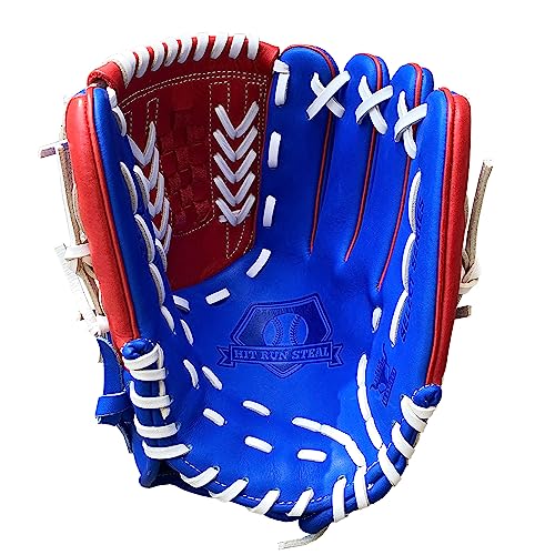 Hit Run Steal Pitcher's Baseball Glove - Right Hand Throw Full Grain Leather Basket Web Glove - Red Blue with White Laces - Perfect for Baseball Players (12 Inch)