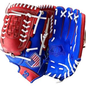 Hit Run Steal Pitcher's Baseball Glove - Right Hand Throw Full Grain Leather Basket Web Glove - Red Blue with White Laces - Perfect for Baseball Players (12 Inch)