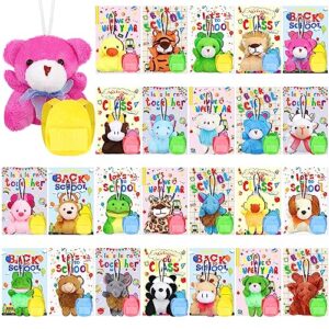 fovths 24 set mini back to school jungle stuffed animals bulk with schoolbag cards keychain animal plush toys party favors classroom gifts for students