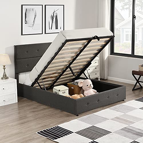 FIQHOME Upholstered Platform Bed with Underneath Storage,Wooden Bed Frame with Tufted Headboard,Wooden Platform Bed with Hydraulic Storage System,No Box Spring Needed,Full Size,Gray