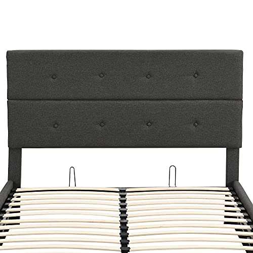 FIQHOME Upholstered Platform Bed with Underneath Storage,Wooden Bed Frame with Tufted Headboard,Wooden Platform Bed with Hydraulic Storage System,No Box Spring Needed,Full Size,Gray