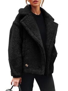 prettygarden womens 2023 winter fashion sherpa coats lapel fleece jacket long sleeve pockets faux fur dressy fall outfits (black,small)