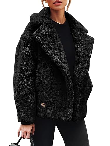 PRETTYGARDEN Womens 2023 Winter Fashion Sherpa Coats Lapel Fleece Jacket Long Sleeve Pockets Faux Fur Dressy Fall Outfits (Black,Small)