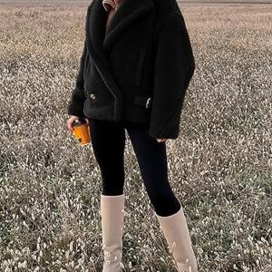 PRETTYGARDEN Womens 2023 Winter Fashion Sherpa Coats Lapel Fleece Jacket Long Sleeve Pockets Faux Fur Dressy Fall Outfits (Black,Small)