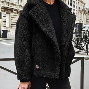 PRETTYGARDEN Womens 2023 Winter Fashion Sherpa Coats Lapel Fleece Jacket Long Sleeve Pockets Faux Fur Dressy Fall Outfits (Black,Small)