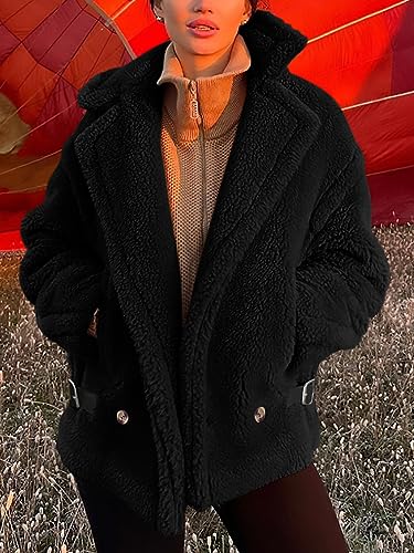 PRETTYGARDEN Womens 2023 Winter Fashion Sherpa Coats Lapel Fleece Jacket Long Sleeve Pockets Faux Fur Dressy Fall Outfits (Black,Small)