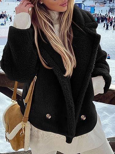 PRETTYGARDEN Womens 2023 Winter Fashion Sherpa Coats Lapel Fleece Jacket Long Sleeve Pockets Faux Fur Dressy Fall Outfits (Black,Small)