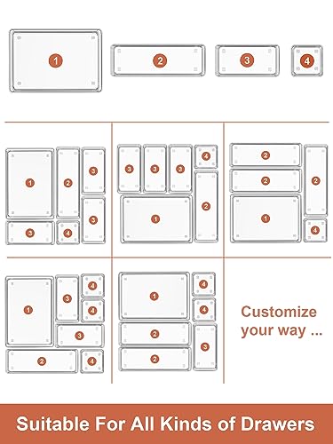 SMARTAKE 37-Piece Drawer Organizer with Non-Slip Silicone Pads, 4-Size Desk Drawer Organizer Trays Storage Tray for Makeup, Jewelries, Utensils in Bedroom Dresser, Office and Kitchen (Clear)