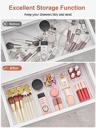 SMARTAKE 37-Piece Drawer Organizer with Non-Slip Silicone Pads, 4-Size Desk Drawer Organizer Trays Storage Tray for Makeup, Jewelries, Utensils in Bedroom Dresser, Office and Kitchen (Clear)