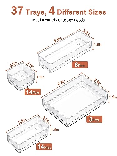 SMARTAKE 37-Piece Drawer Organizer with Non-Slip Silicone Pads, 4-Size Desk Drawer Organizer Trays Storage Tray for Makeup, Jewelries, Utensils in Bedroom Dresser, Office and Kitchen (Clear)